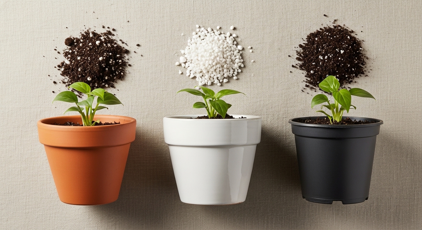 Terracotta, ceramic, and plastic pots compared side by side with soil