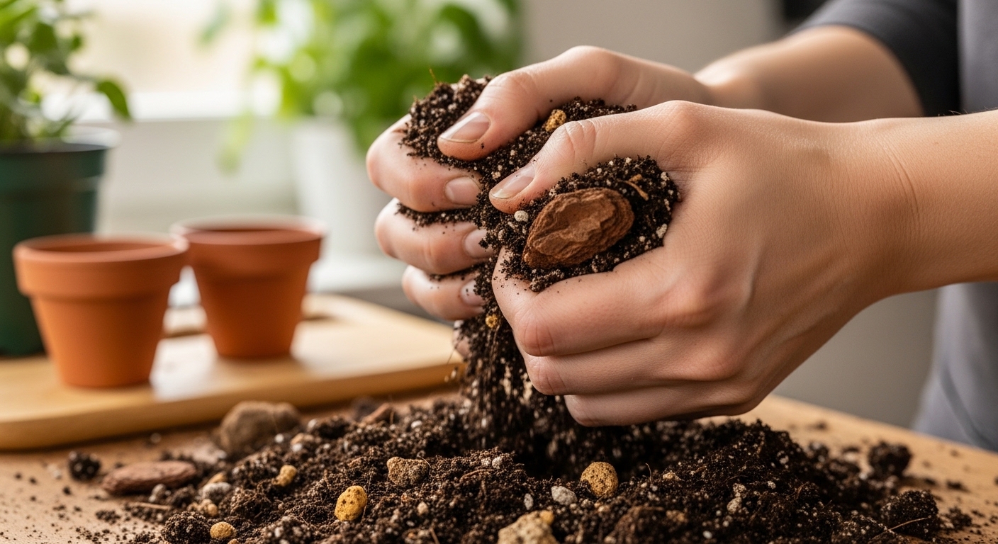 Hands squeezing well-structured indoor potting mix with visible perlite