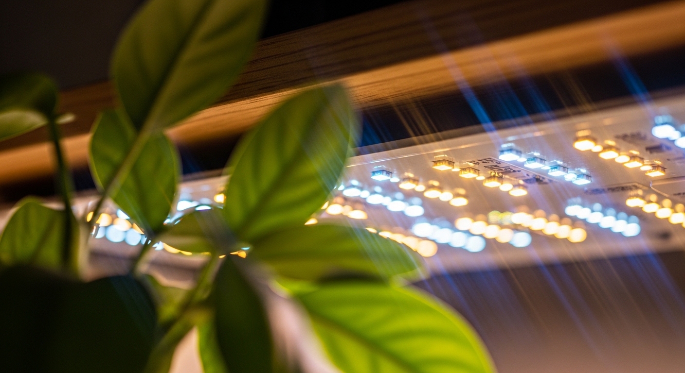 Close-up of full-spectrum LED grow light diodes on panel