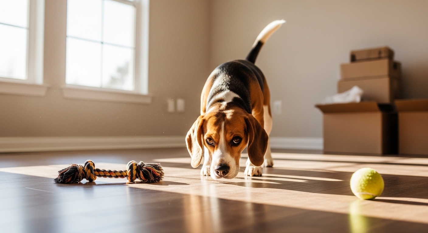 beagle dog sniffing around a new empty sunlit living room