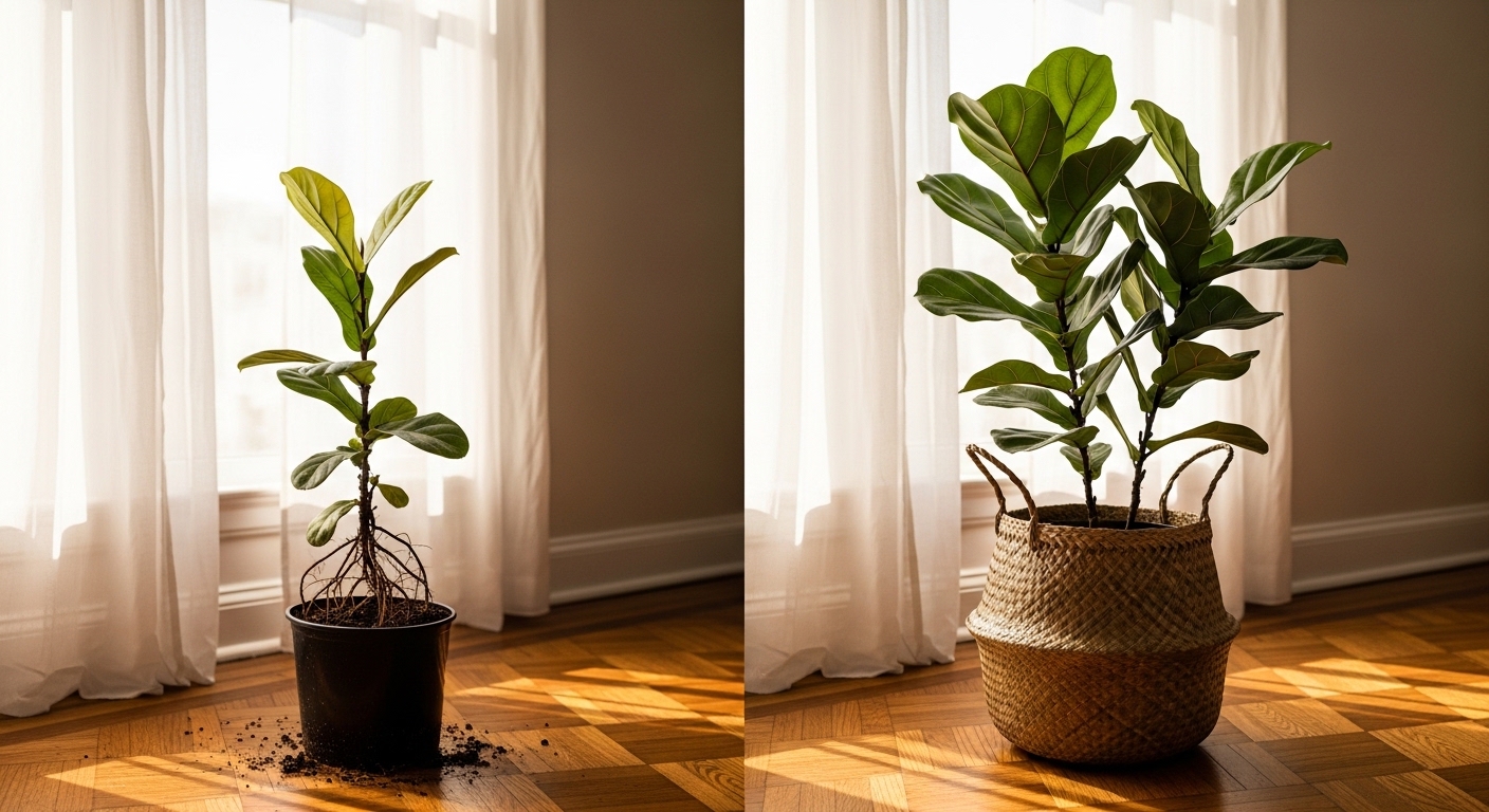 Fiddle-leaf fig comparison showing root-bound versus healthy repotted plant.