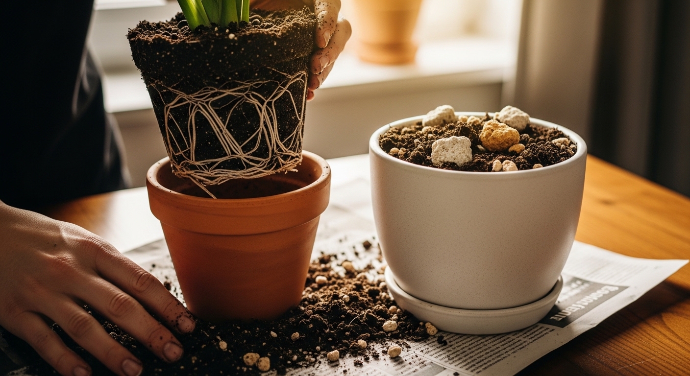Plant being repotted with healthy white roots visible.