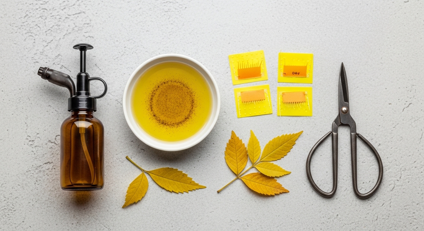 Natural plant care tools including neem oil and sticky traps.