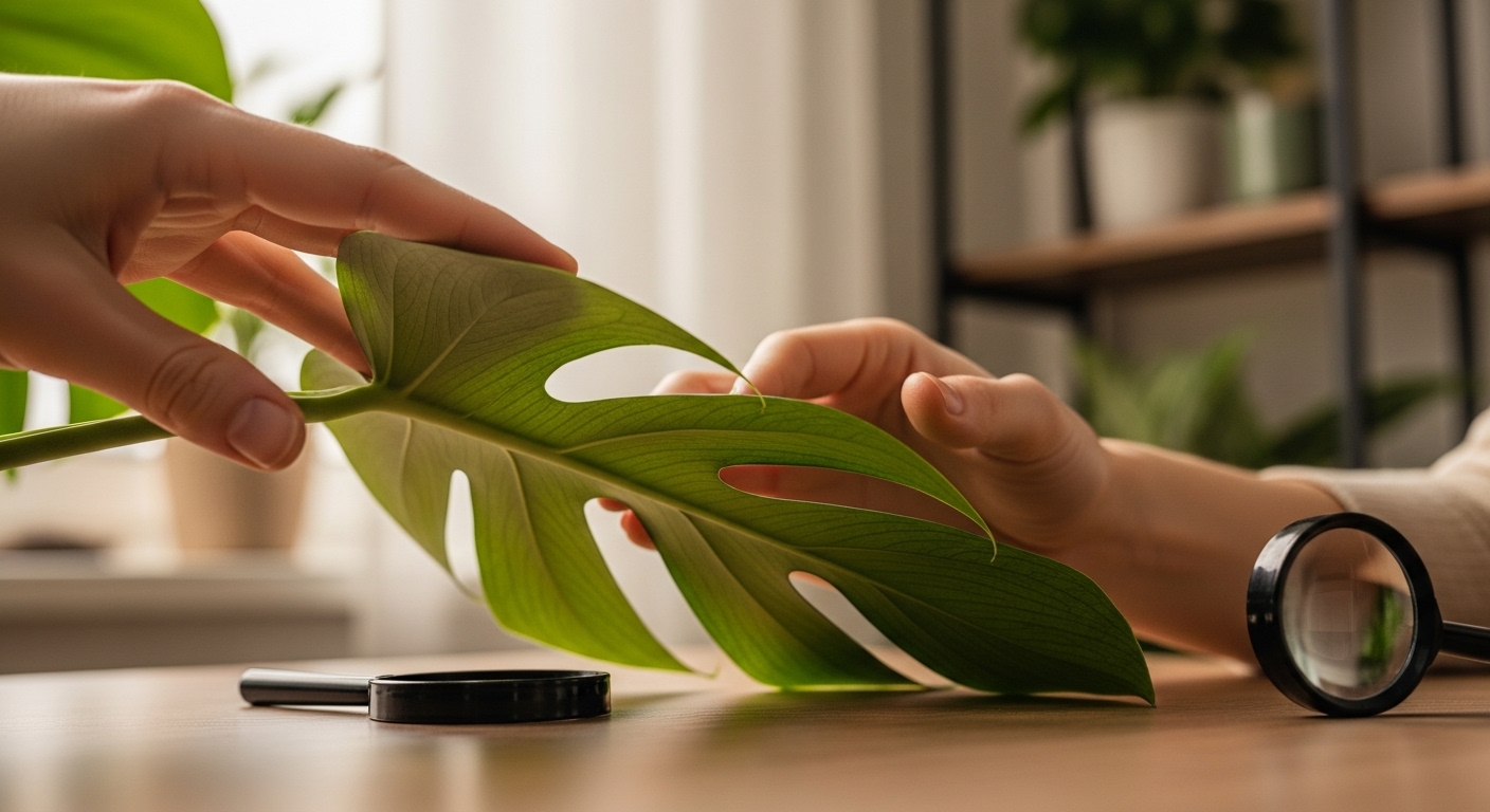 Hands inspecting underside of monstera leaf for pests.