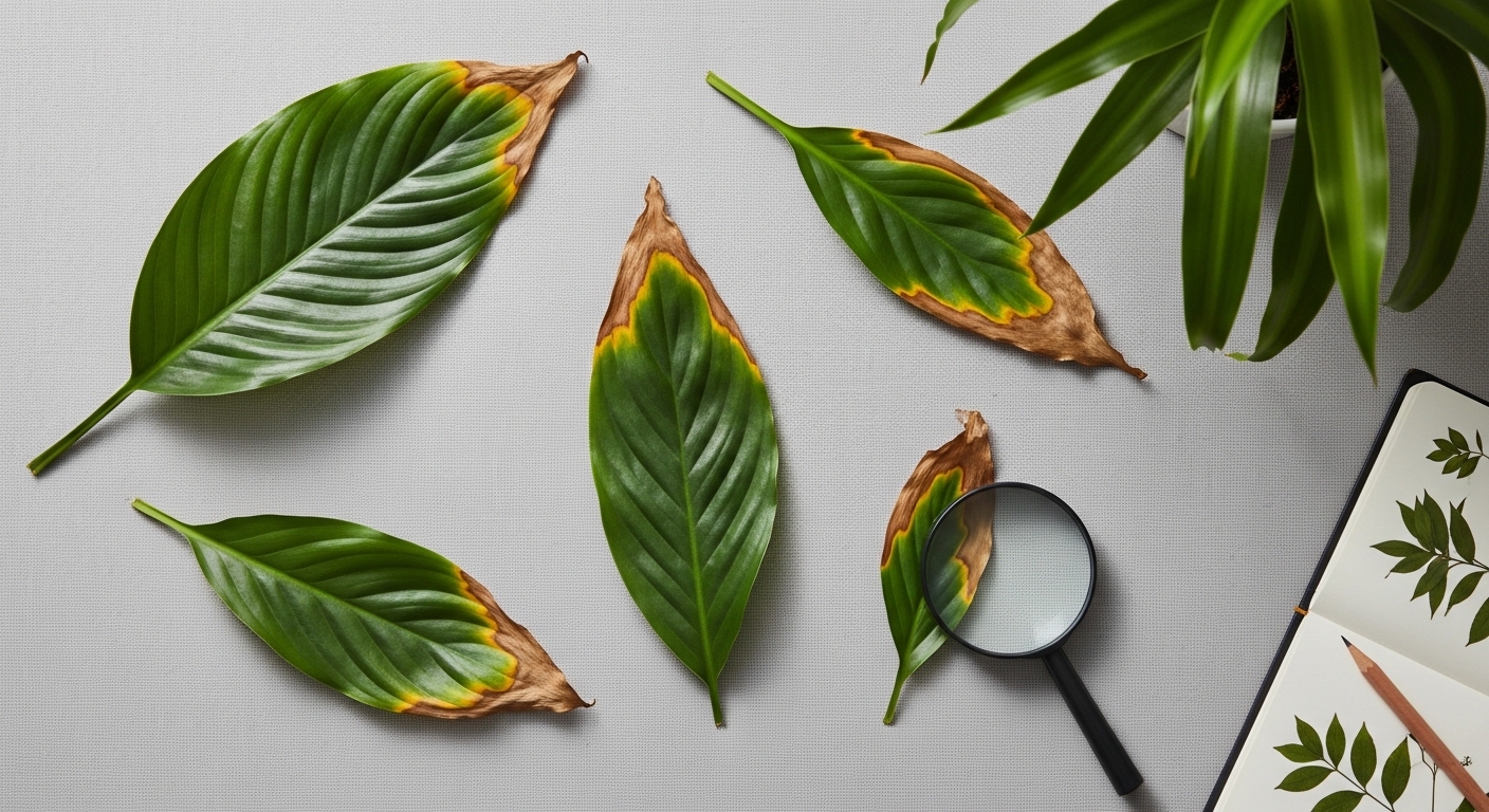 Different brown tip patterns on detached houseplant leaves flat lay
