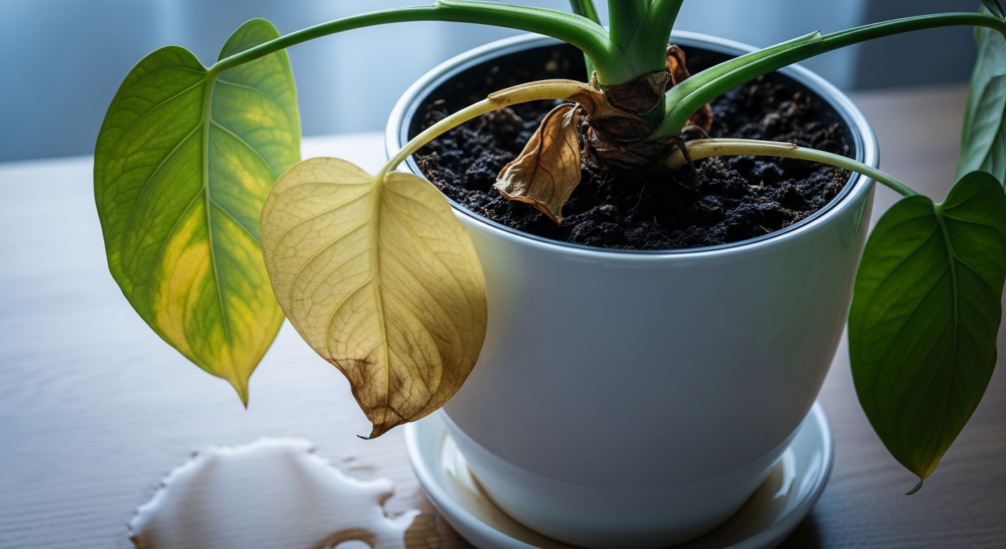 Overwatered houseplant with yellowing leaves and saturated soil