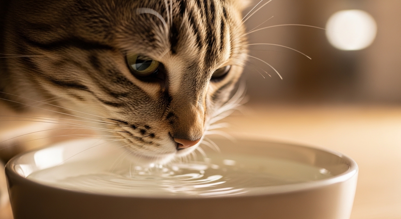 cat sniffing a water bowl in warm indoor lighting