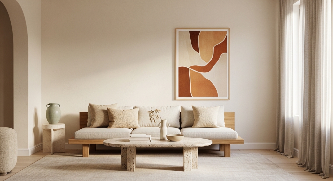 Minimalist warm ivory living room with oak furniture and bouclé sofa