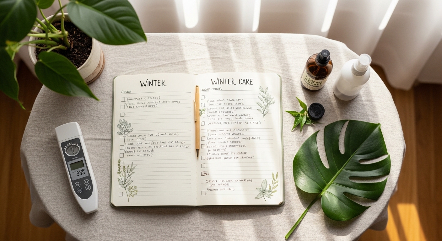 Handwritten winter plant care checklist journal with botanical sketches and tools