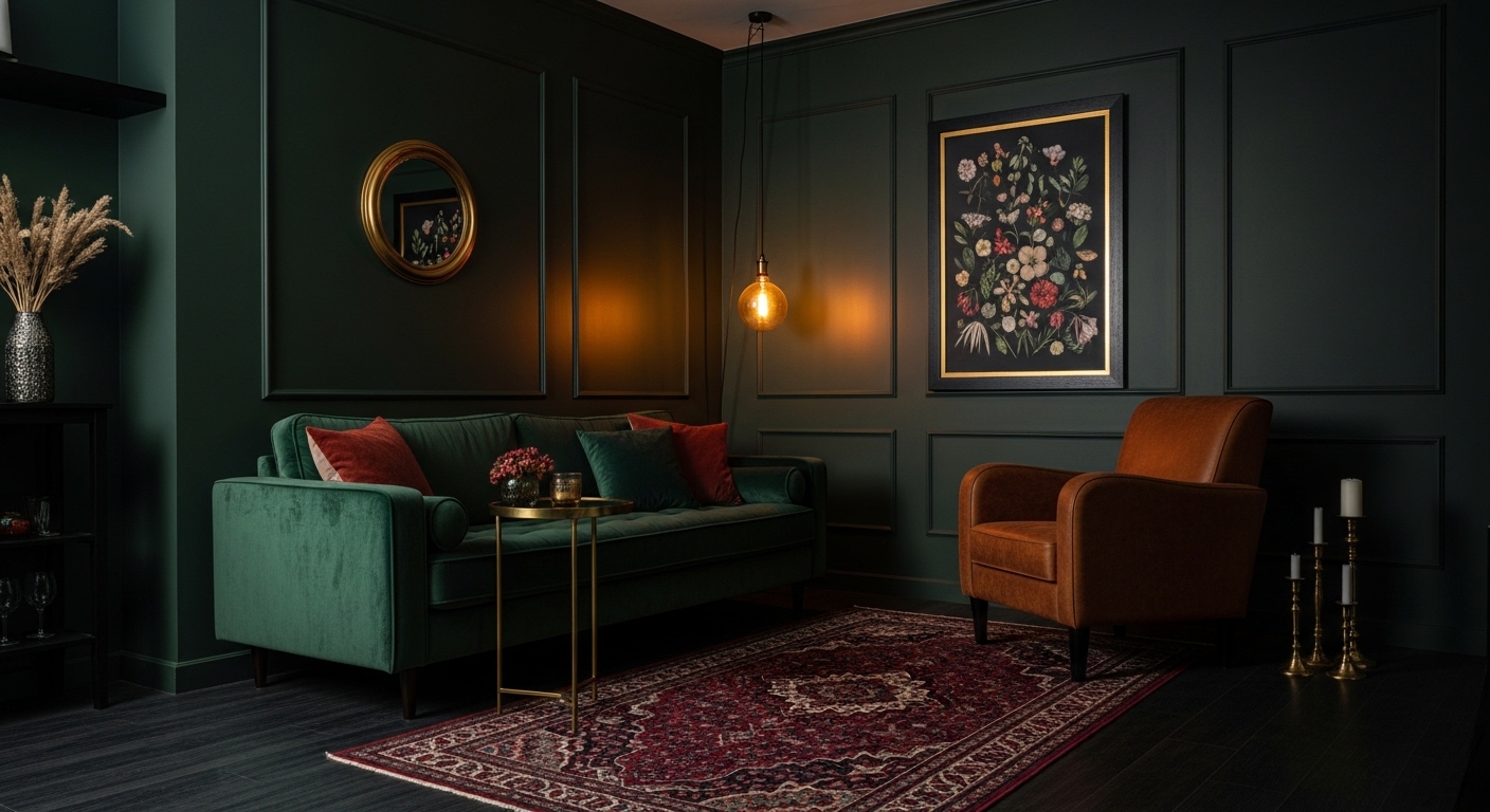 Dark forest green living room with emerald velvet sofa and brass accents
