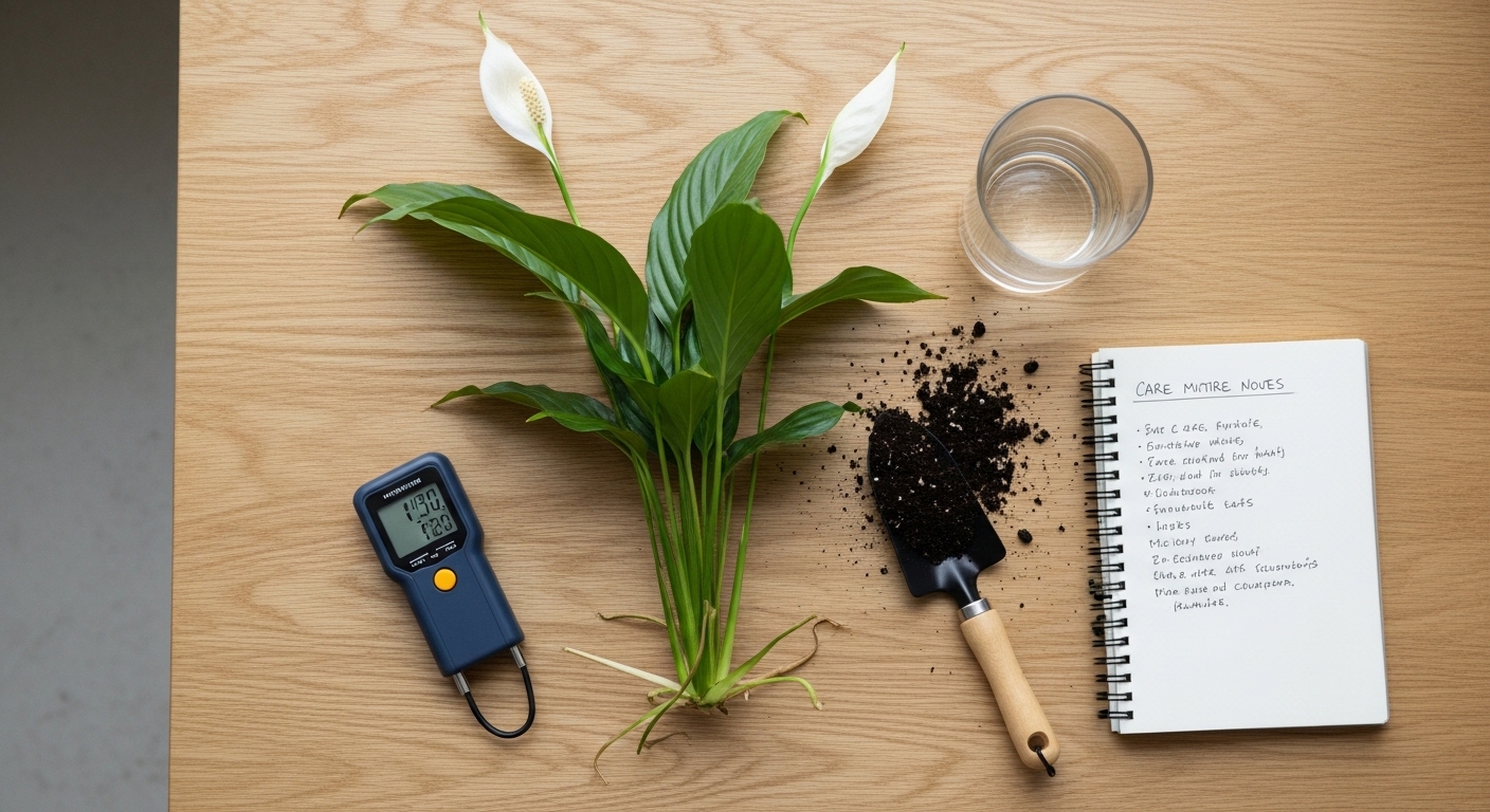 Peace lily and plant care tools on oak table for diagnosis.