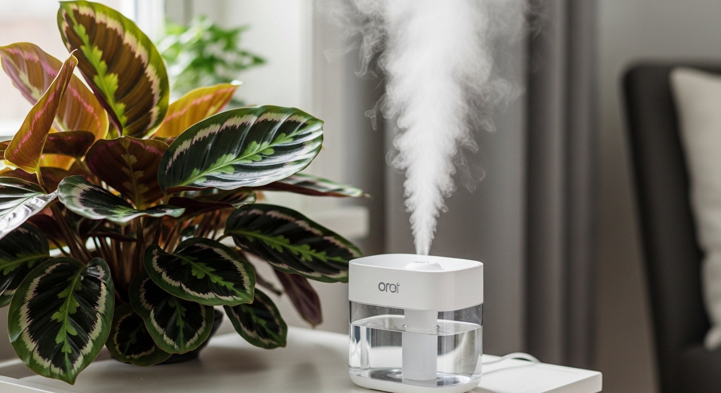 Ultrasonic humidifier misting beside a calathea medallion on a side table