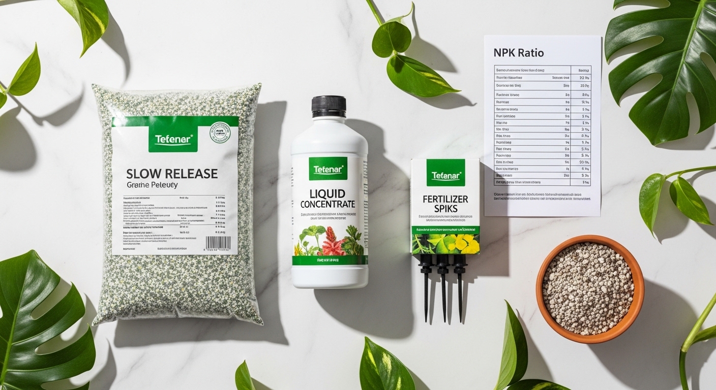 Three fertilizer types with NPK chart and tropical plant cuttings on marble