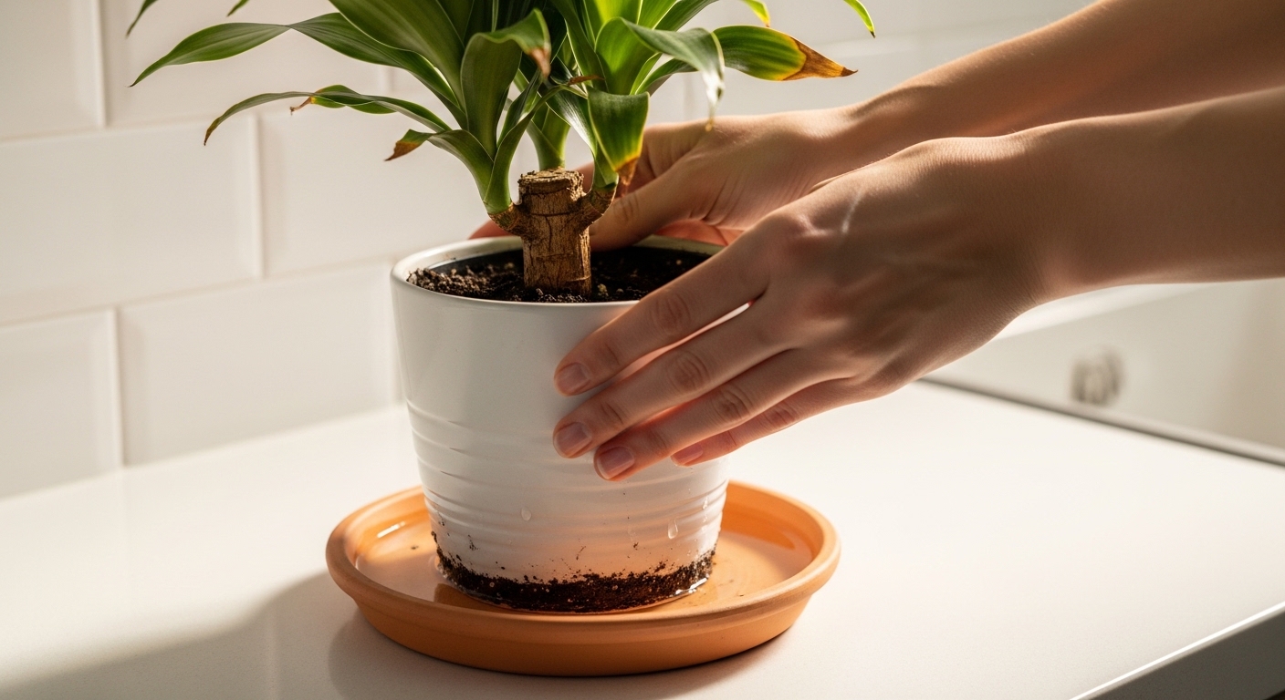 Hands bottom-watering a dracaena in a white ceramic pot