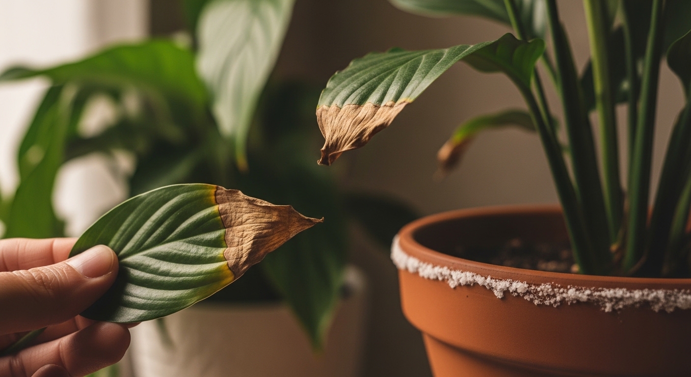 Brown crispy leaf tips on houseplant showing fertilizer burn symptoms