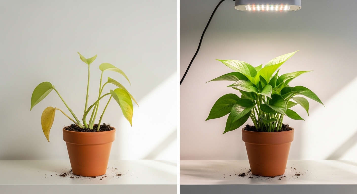 Comparison of pothos with and without grow light care