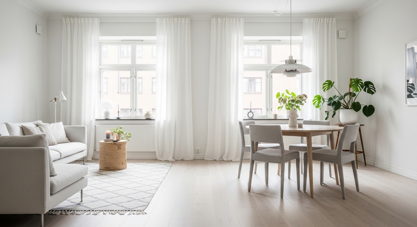 Scandinavian open-plan living dining room with pale wood and white tones