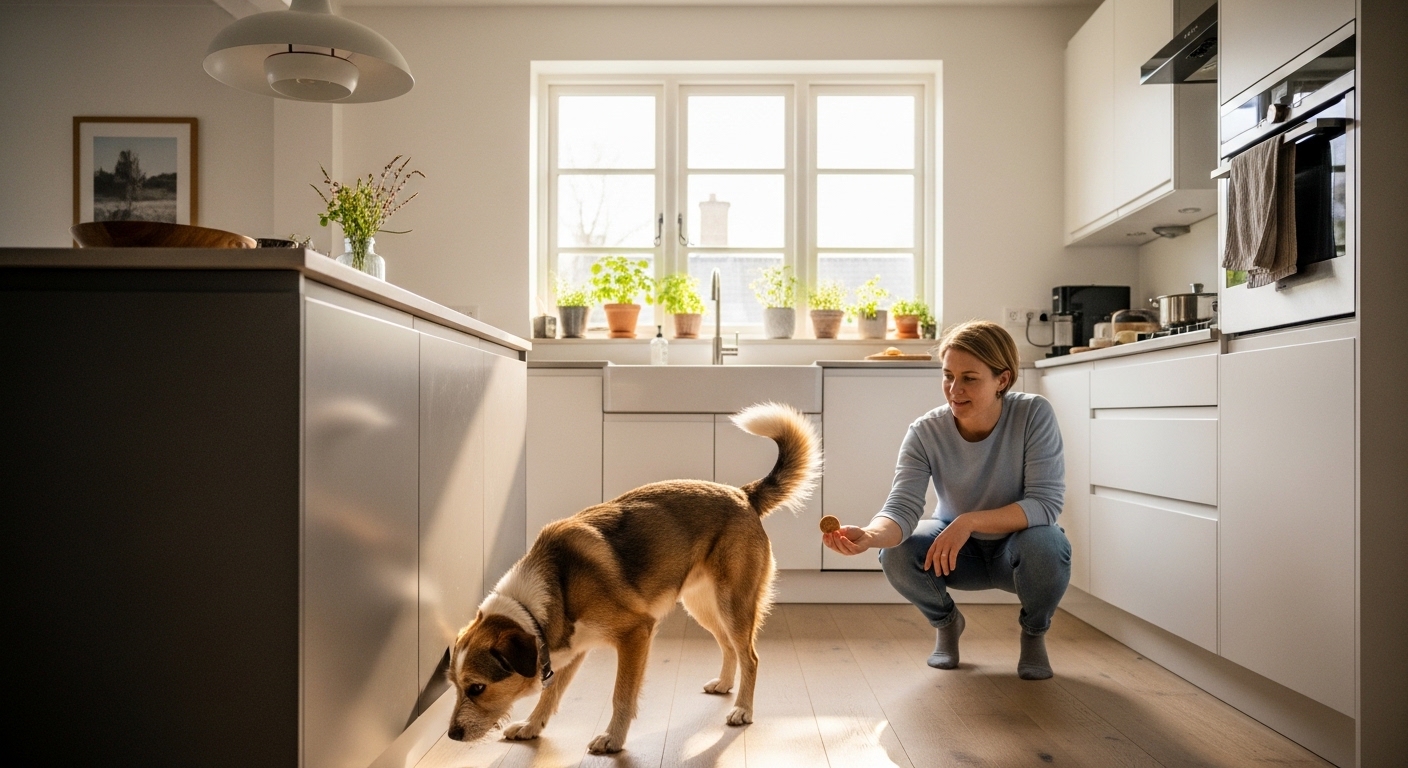 rescue dog exploring kitchen while owner offers a treat