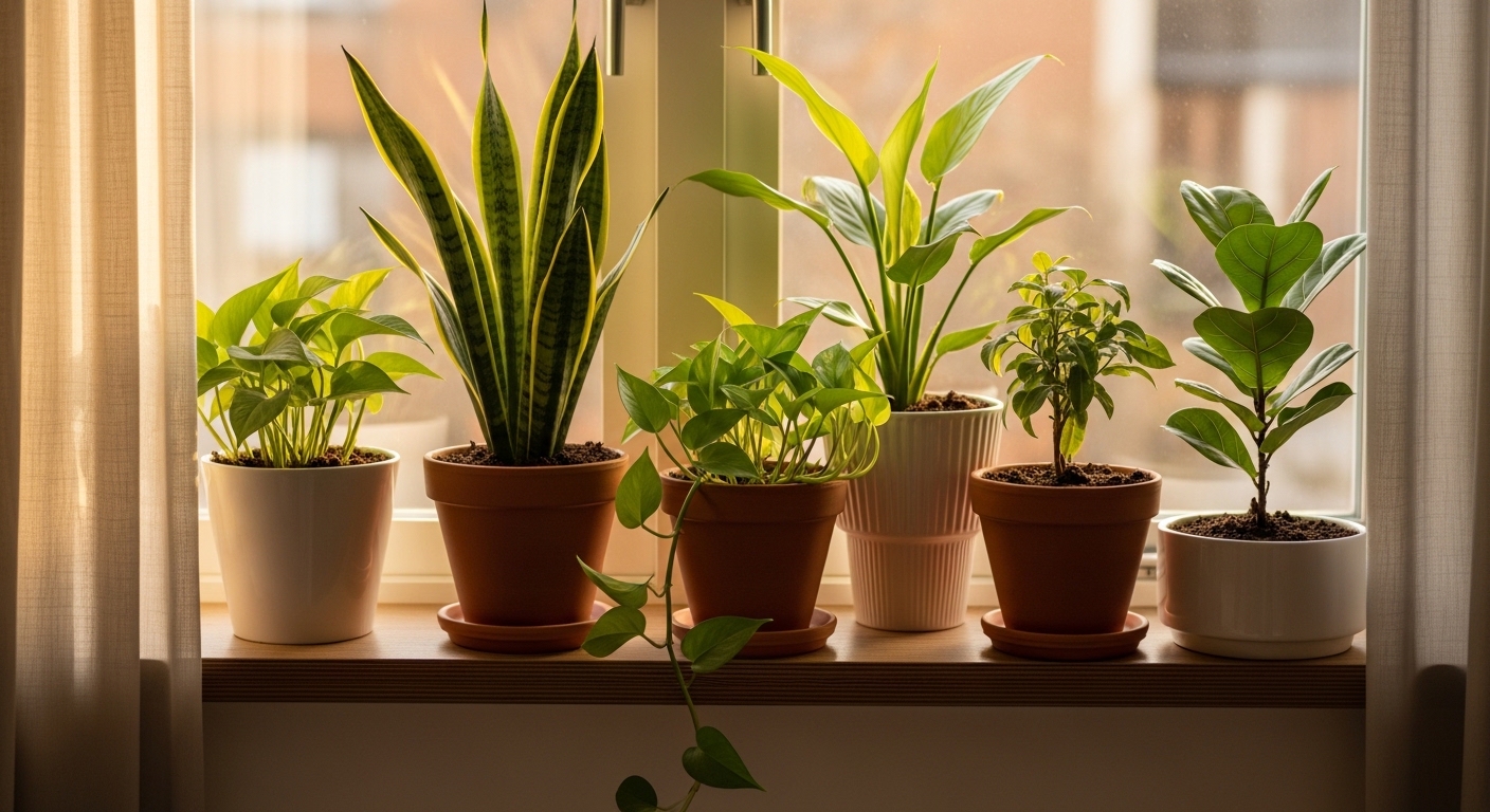 Healthy thriving houseplants on a sunny apartment windowsill.