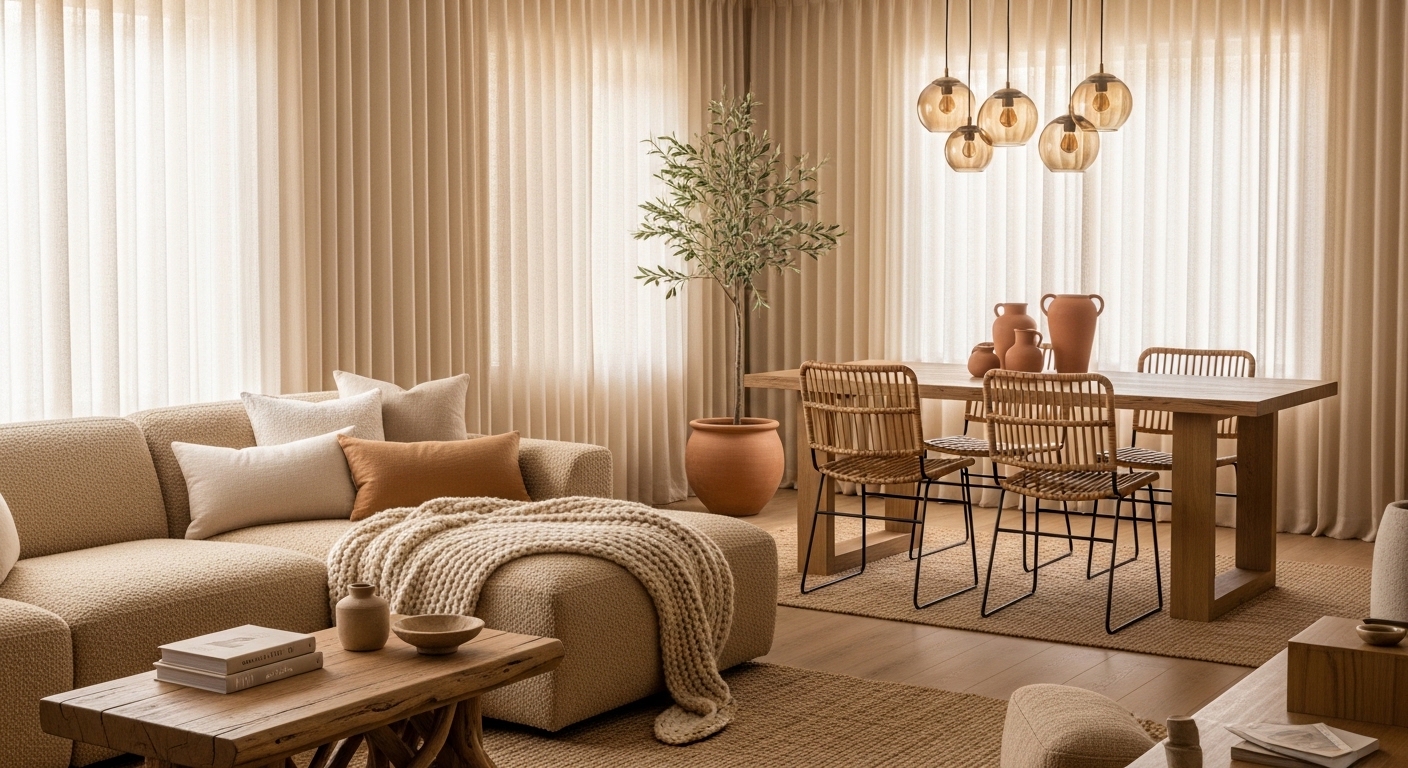 Cozy neutral open-plan living and dining room with boucle sofa and rattan chairs