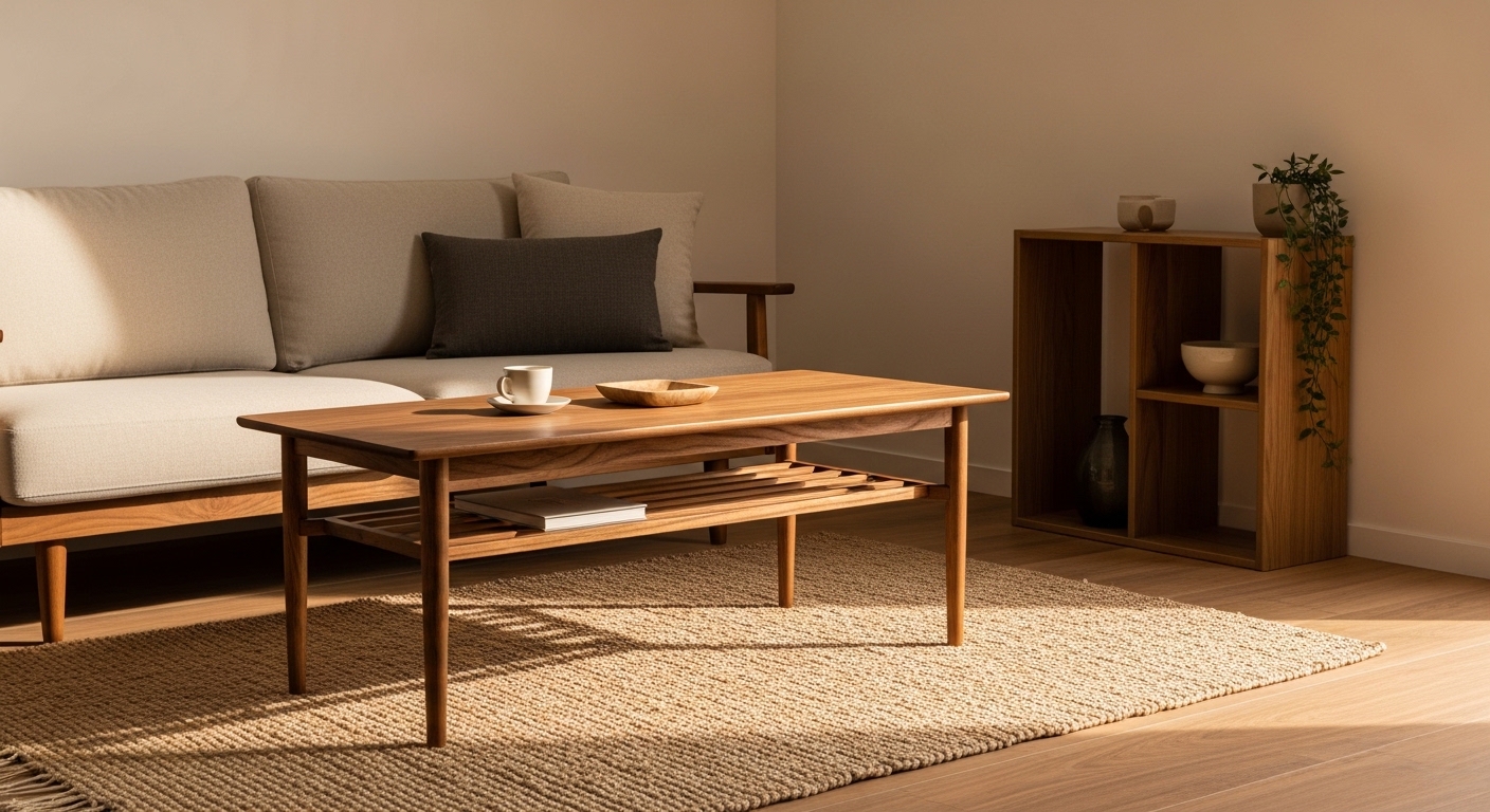 Low-profile Japandi sofa with walnut coffee table and jute rug