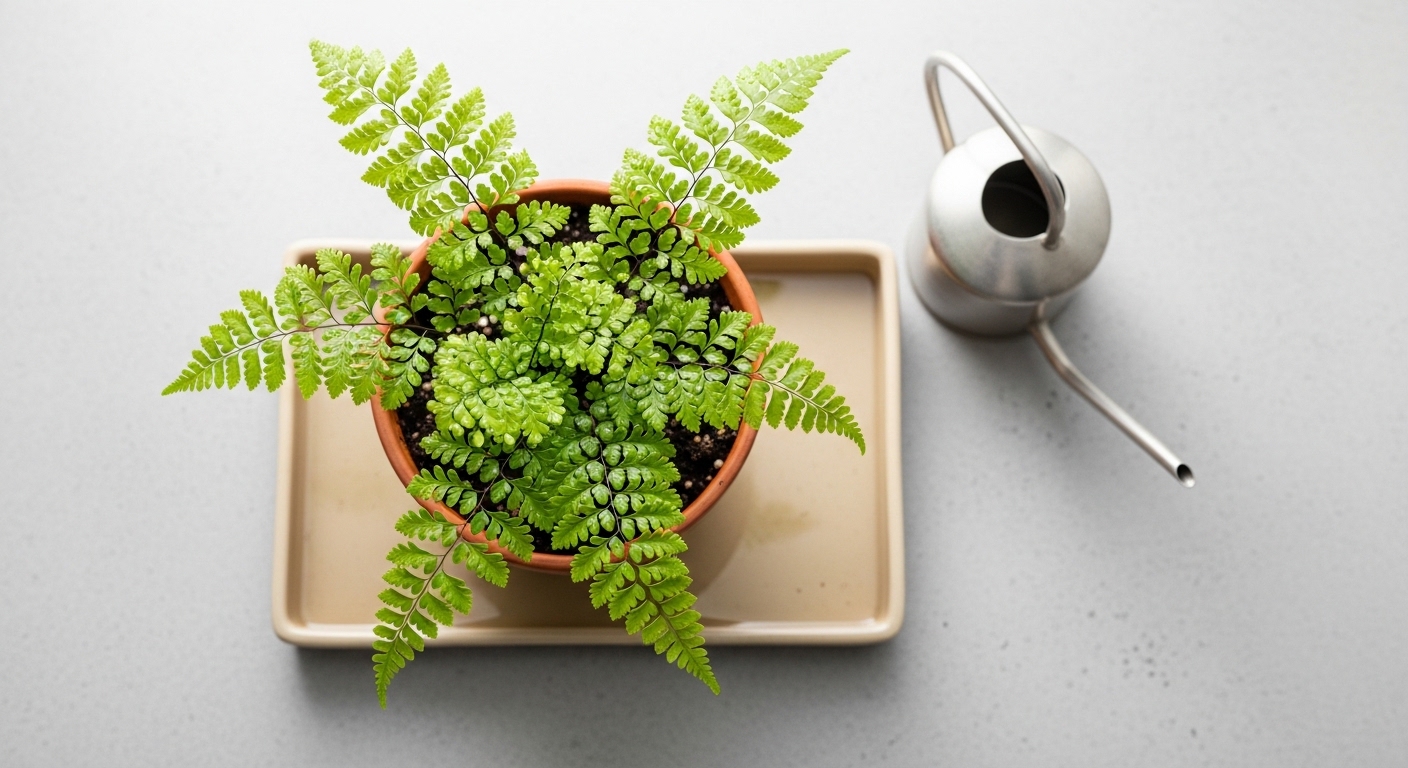 Maidenhair fern in terracotta pot bottom-watering in a ceramic tray