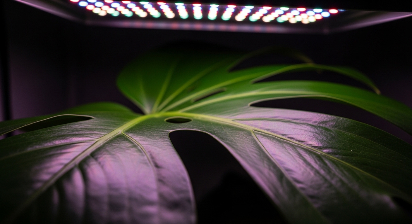 Monstera leaf under full-spectrum LED grow light glow