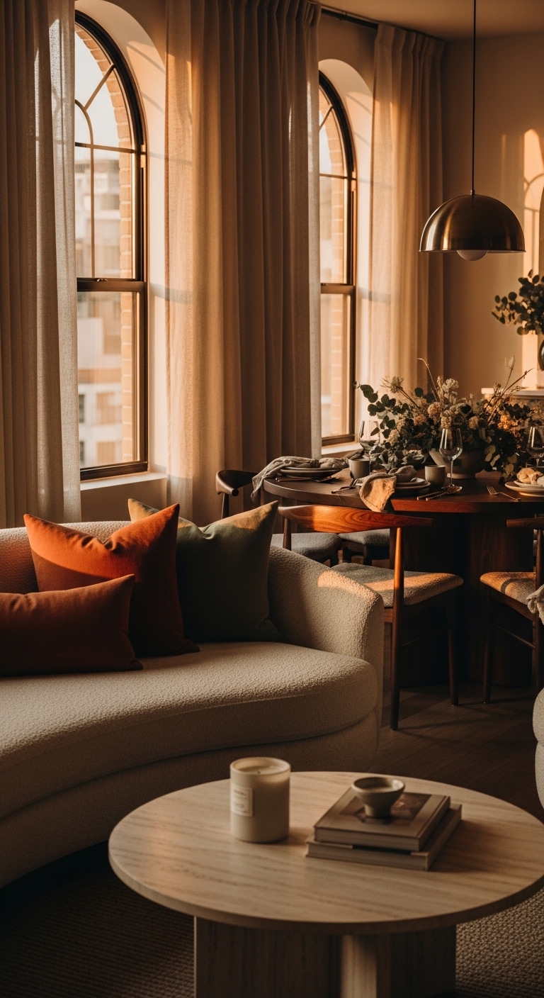 Golden hour open-plan living and dining room with boucle sofa and walnut dining table