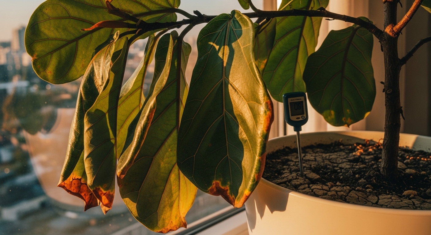 Drooping fiddle leaf fig near bright window with moisture meter.