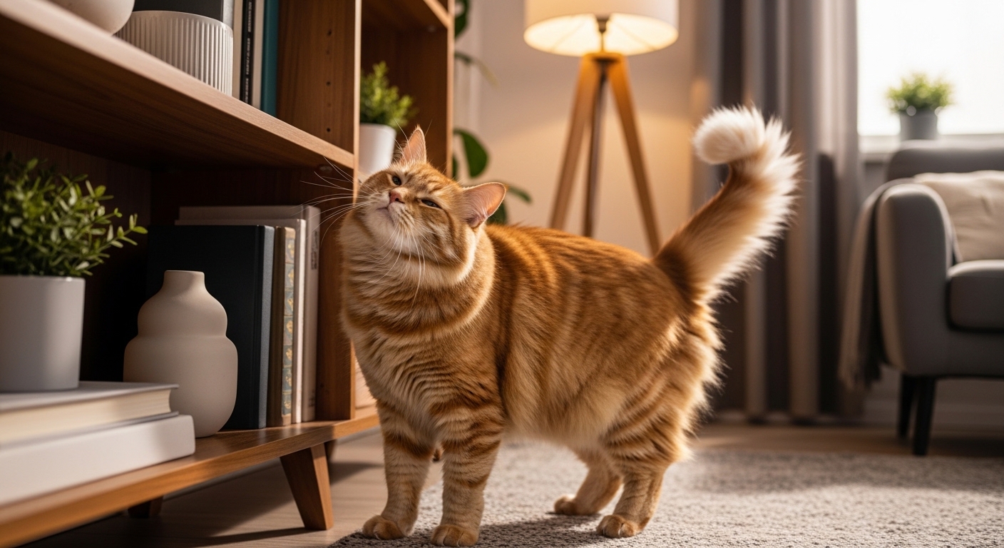 orange cat rubbing cheek on bookshelf in cozy new living room