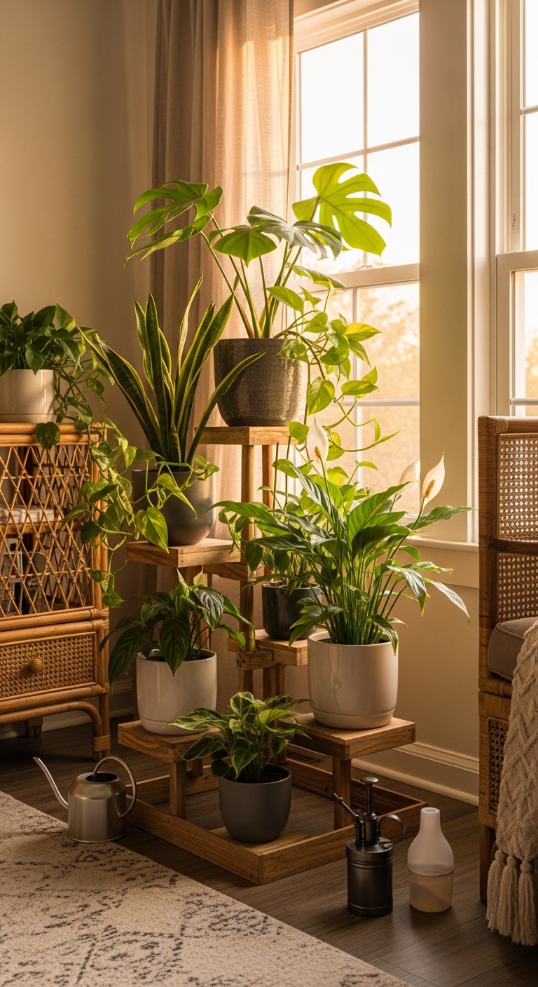 Thriving indoor plant collection on wooden stand in sunny room.