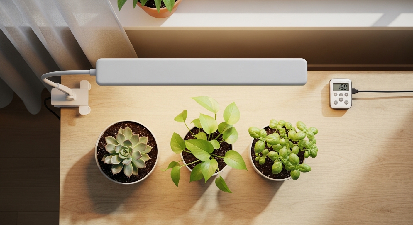 Desk grow light setup with timer and small houseplants