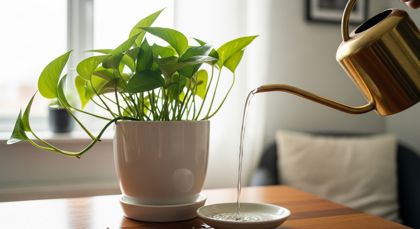 Watering a pothos plant with a brass long-spout watering can