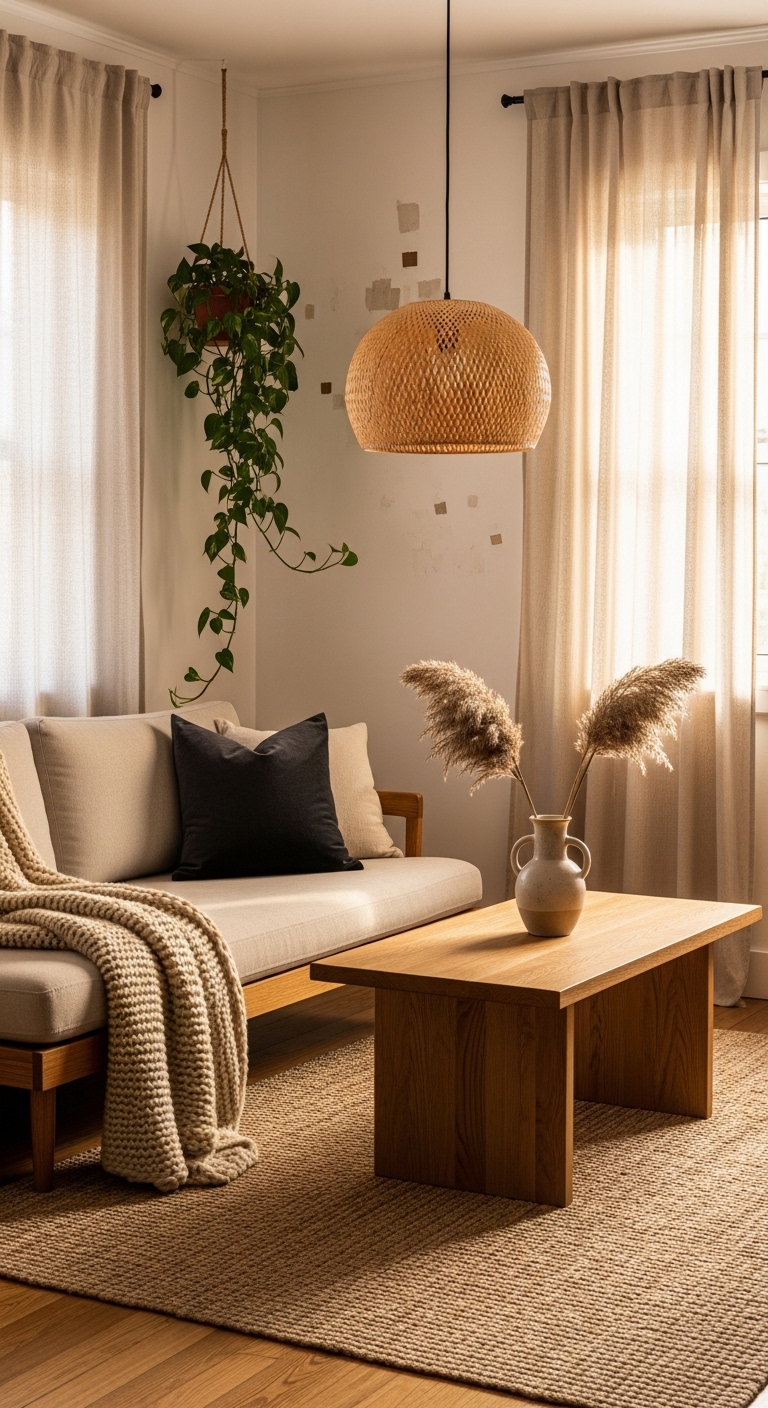 Complete Japandi living room with warm light and natural textures