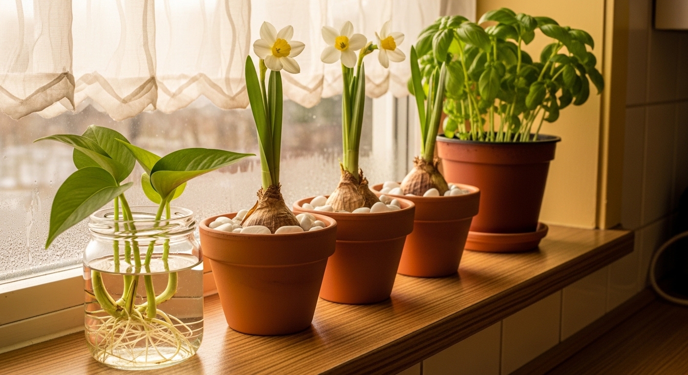Paperwhite bulbs, basil, and pothos cuttings on a winter kitchen windowsill