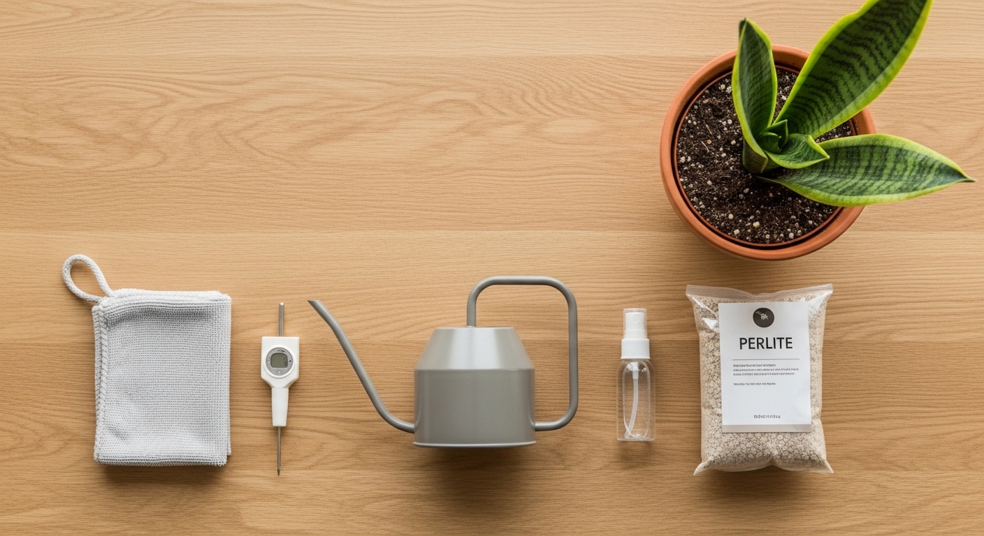 Winter plant care tools arranged beside a snake plant on oak surface