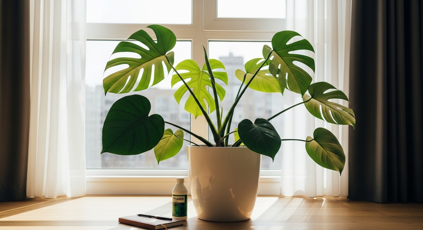 Monstera plant in bright indirect light near large window with fertilizer nearby