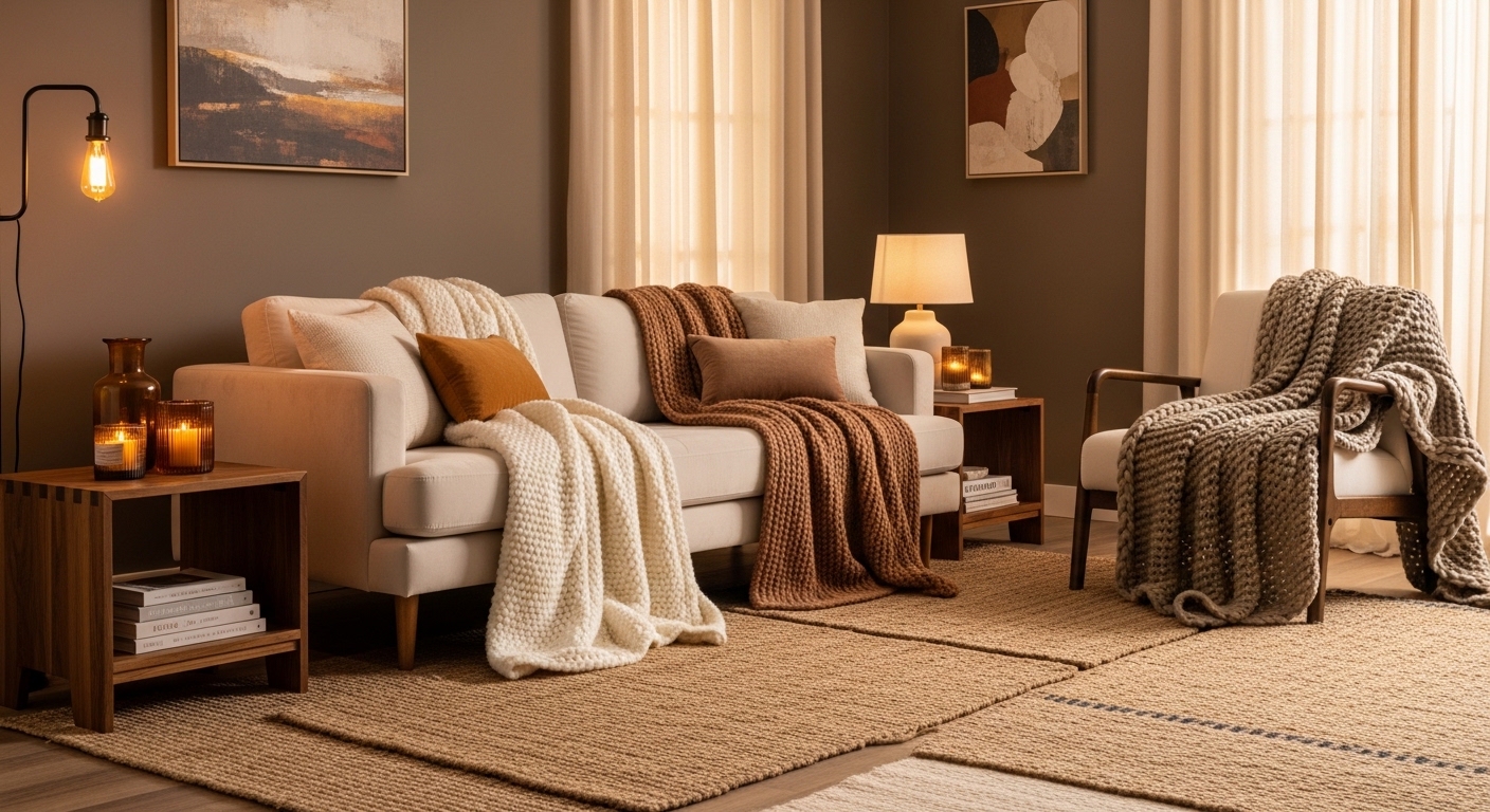 Cozy mushroom-toned living room with velvet sofa and amber accents