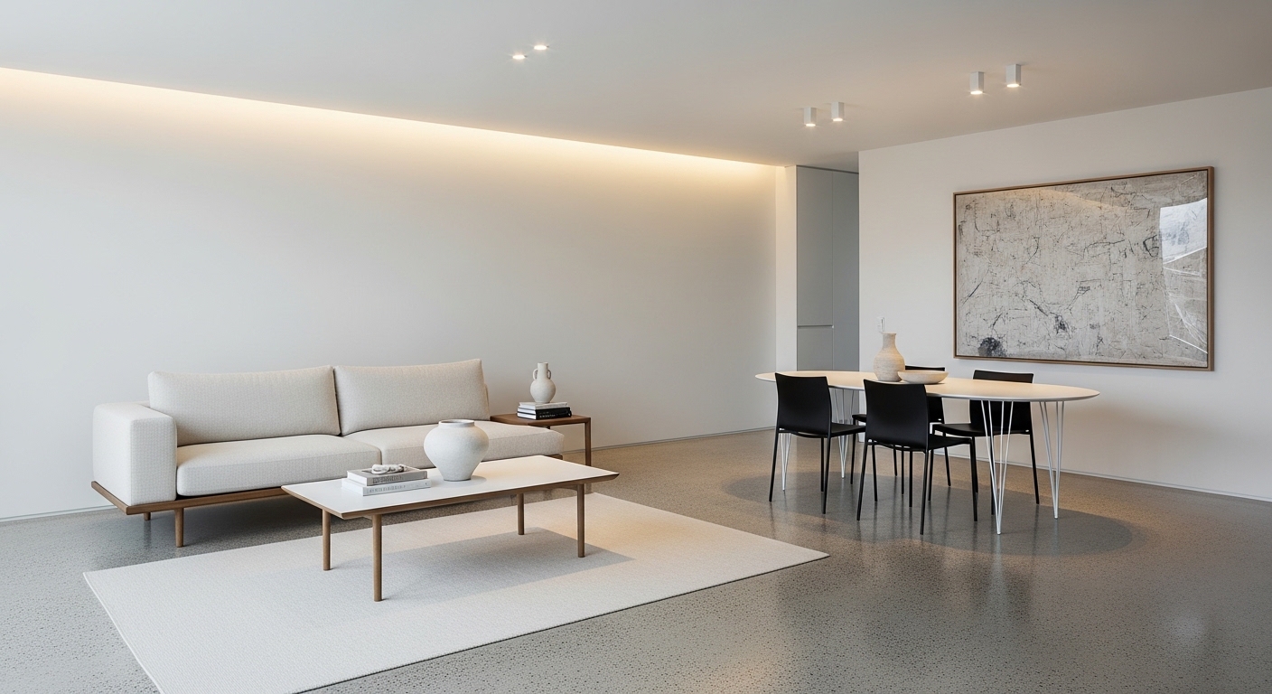 Minimalist open-plan living and dining room with white walls and clean lines