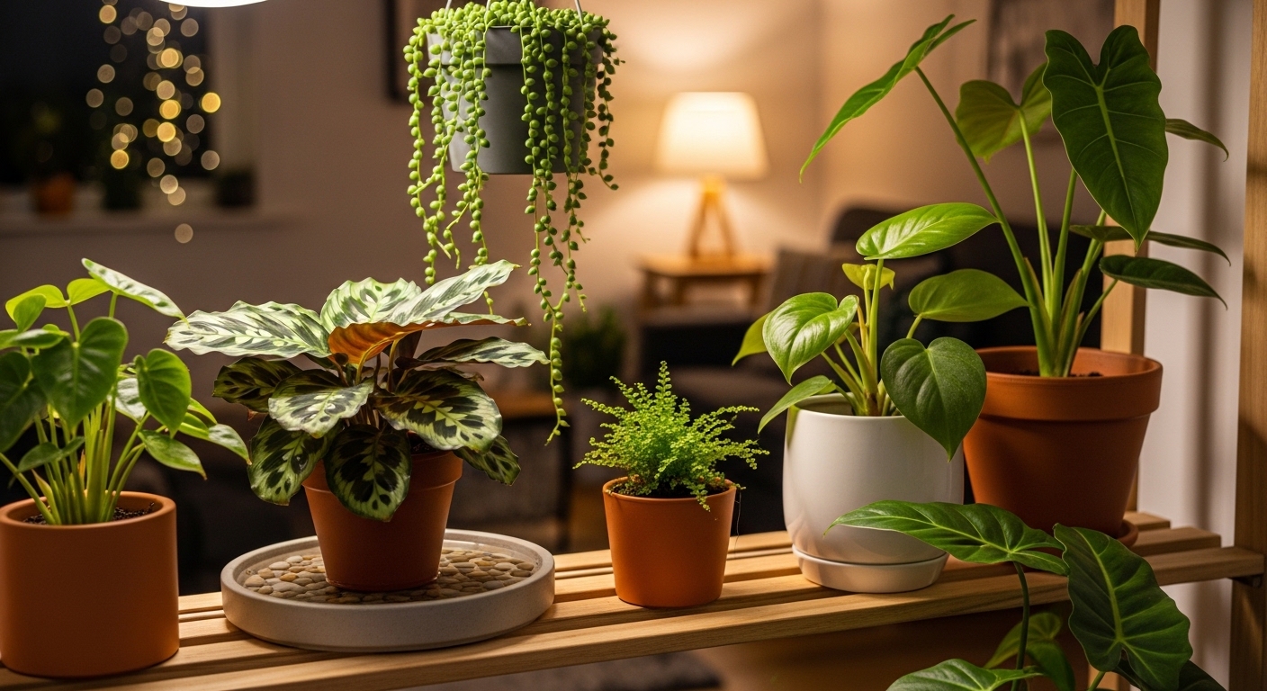 Grouped tropical houseplants on wooden shelf with pebble tray below