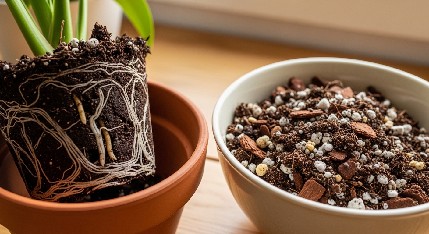 Plant root ball removed from pot showing healthy and damaged roots