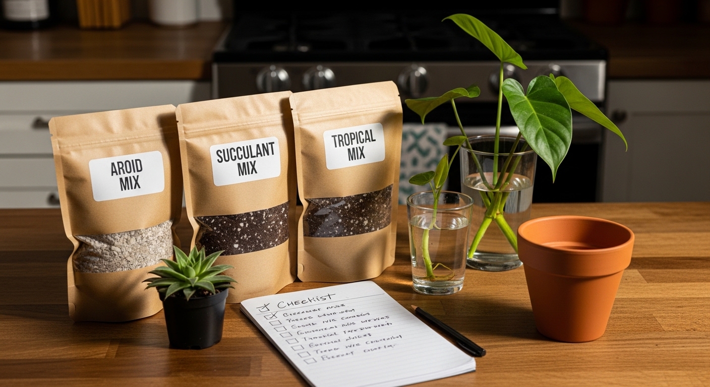 Four labeled soil mix bags on a wooden potting station with plant cuttings
