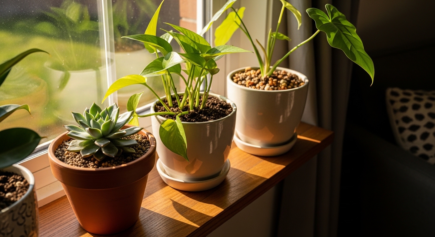 Three houseplants in different soil mixes on a sunny windowsill