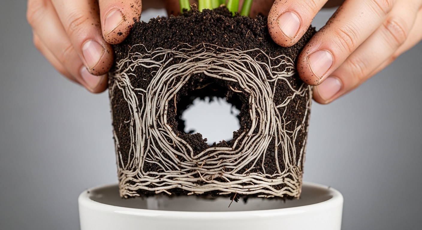 Dense root ball removed from small white ceramic nursery pot.