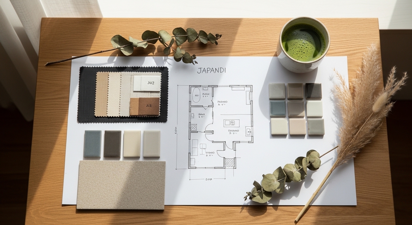 Japandi mood board with fabric swatches and floor plan sketch