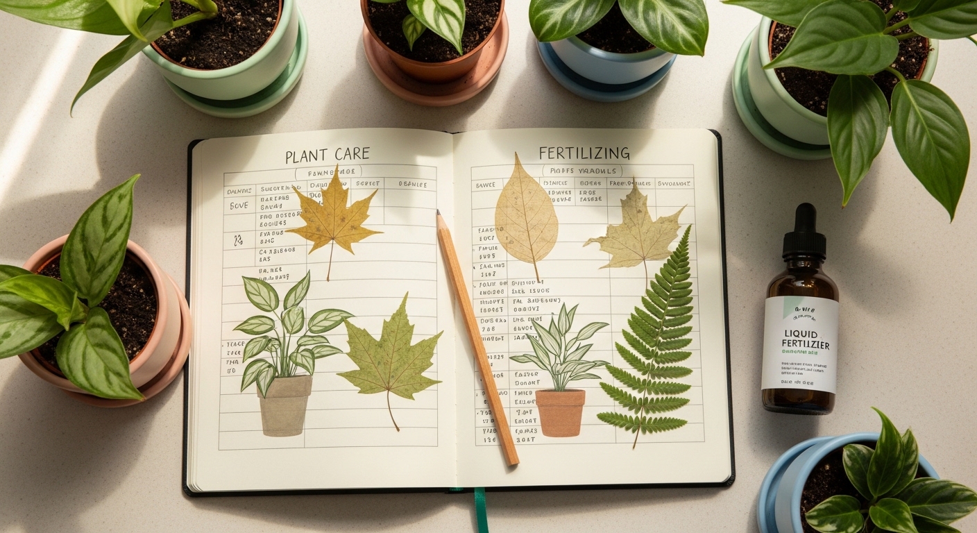 Open plant care journal with fertilizing schedule surrounded by small houseplants