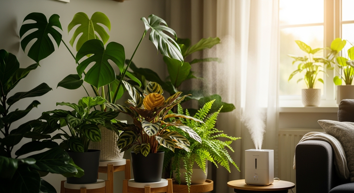 Tropical houseplants grouped near humidifier in bright living room.