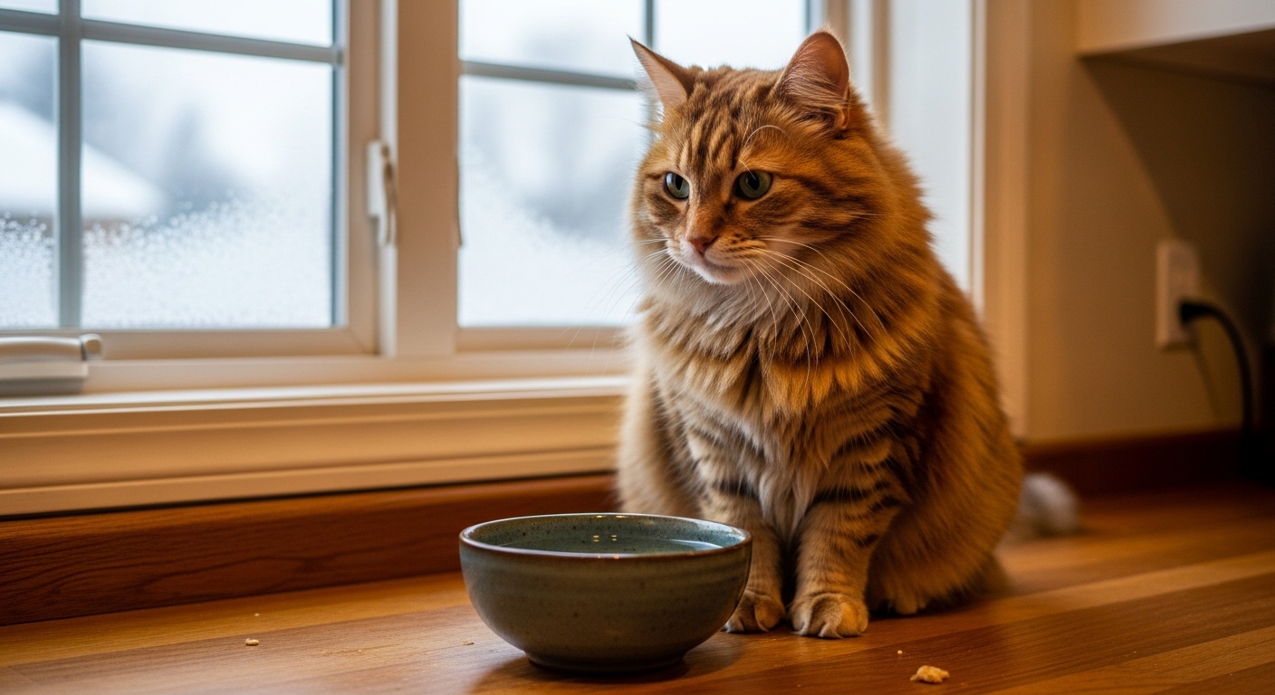 fluffy tabby cat sitting beside a water bowl indoors in winter