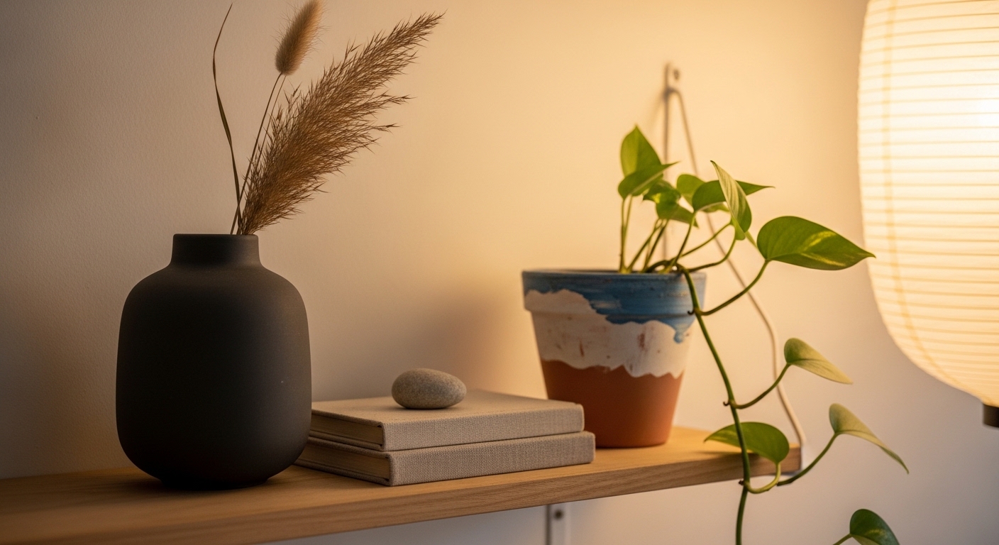 Japandi shelf with ceramic vase, dried botanicals, and terracotta pot