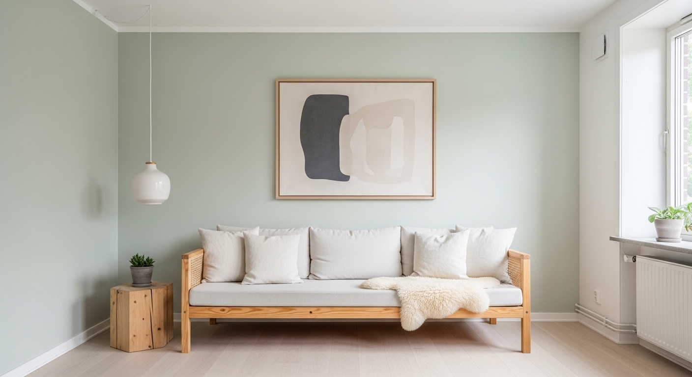 Scandinavian pale sage living room with birch furniture and sheepskin throw
